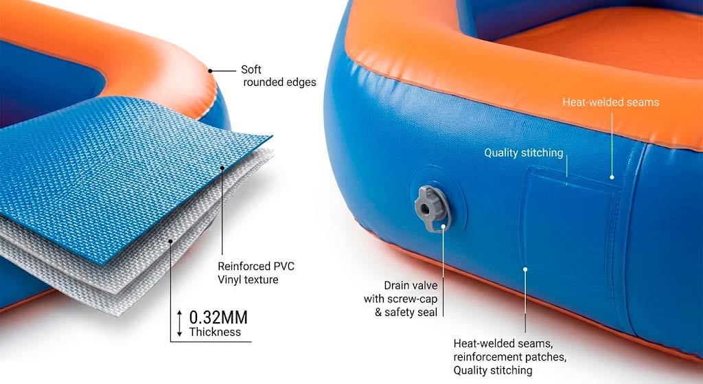 Крупный план армированного ПВХ материала надувного игрового центра толщиной 0,32 мм с тремя слоями защиты, видны безопасные мягкие борты и сливной клапан для воды