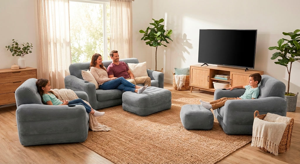 Комплект надувной мебели Intex для гостиной - диван, кресла, пуфик для семейного отдыха