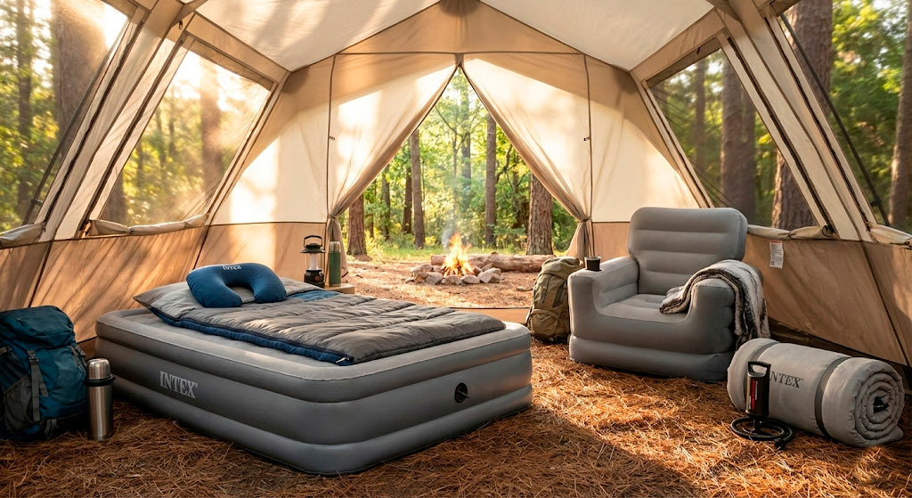 Надувная мебель Intex для кемпинга - кровать, кресла, матрасы в палатке на природе