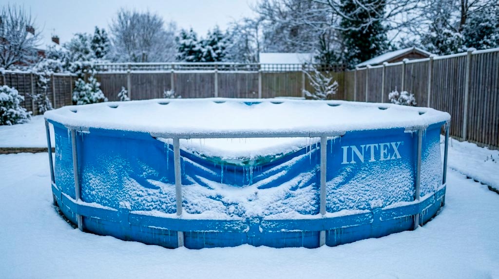 Круглий каркасний басейн Intex діаметром 488 см взимку без тента вкритий снігом на дачній ділянці демонструє важливість правильного сезонного зберігання захисного покриття
