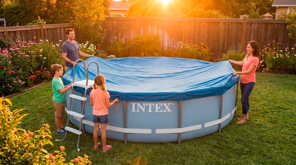 Сім'я з чотирьох осіб закриває синім захисним тентом Intex круглий каркасний басейн діаметром 366 см на заході літнього дня в саду приватного будинку після купання