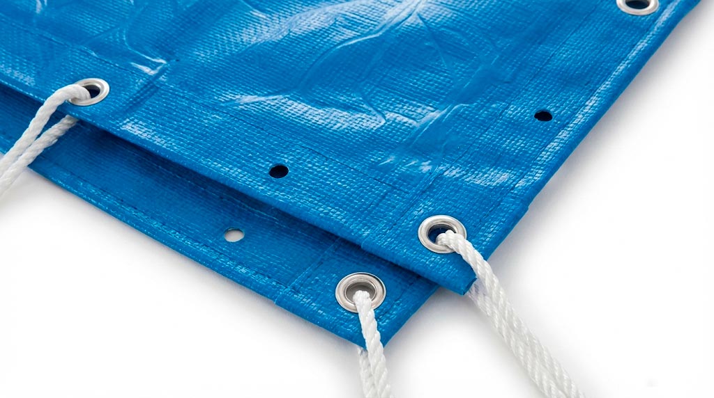 Крупний план синього захисного тента Intex з ПВХ товщиною 0,18 мм з дренажними отворами та фіксуючими люверсами на білому тлі студійне освітлення